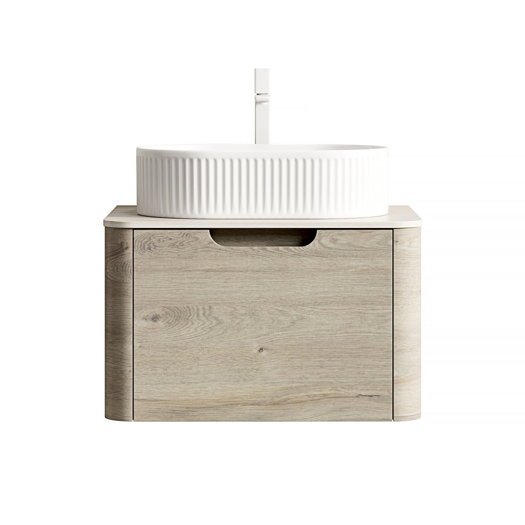 Floating Bathroom Vanity Unit with Oval Sink and Sintered Stone Top, Oak Cream Wood Grain
