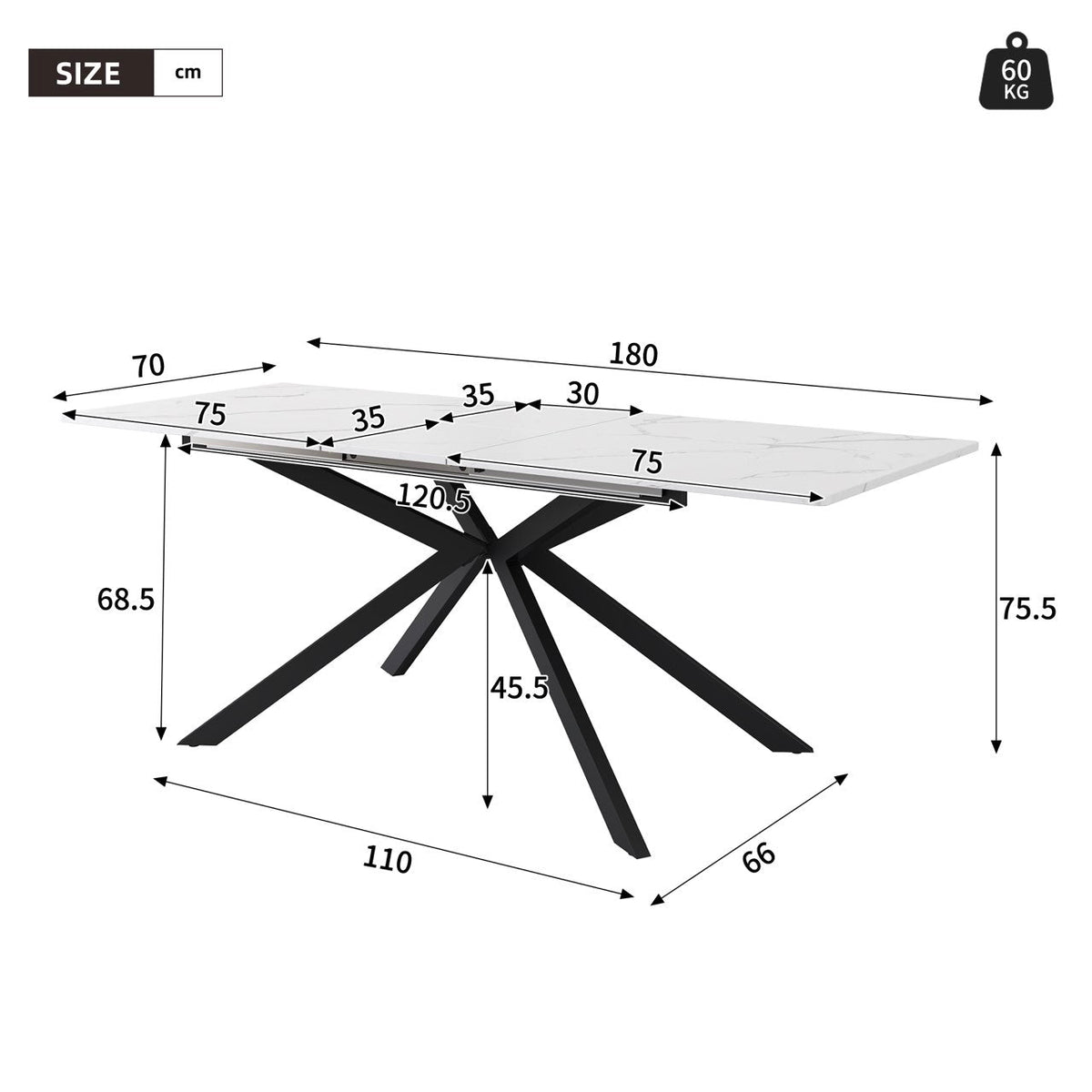 Extendable Dining Table with Automatic Extension and Cross Leg Design, Black and White Marble Look