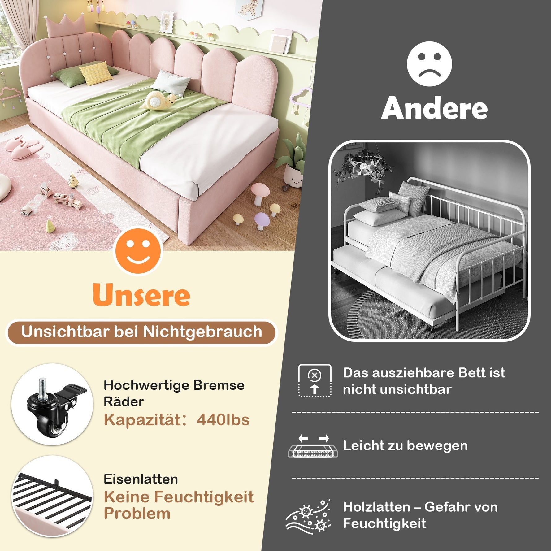 Sofa Bed with Pull-out Bed, 90x200cm Single Guest Bed with Crown Lattice Design, Pink Velvet