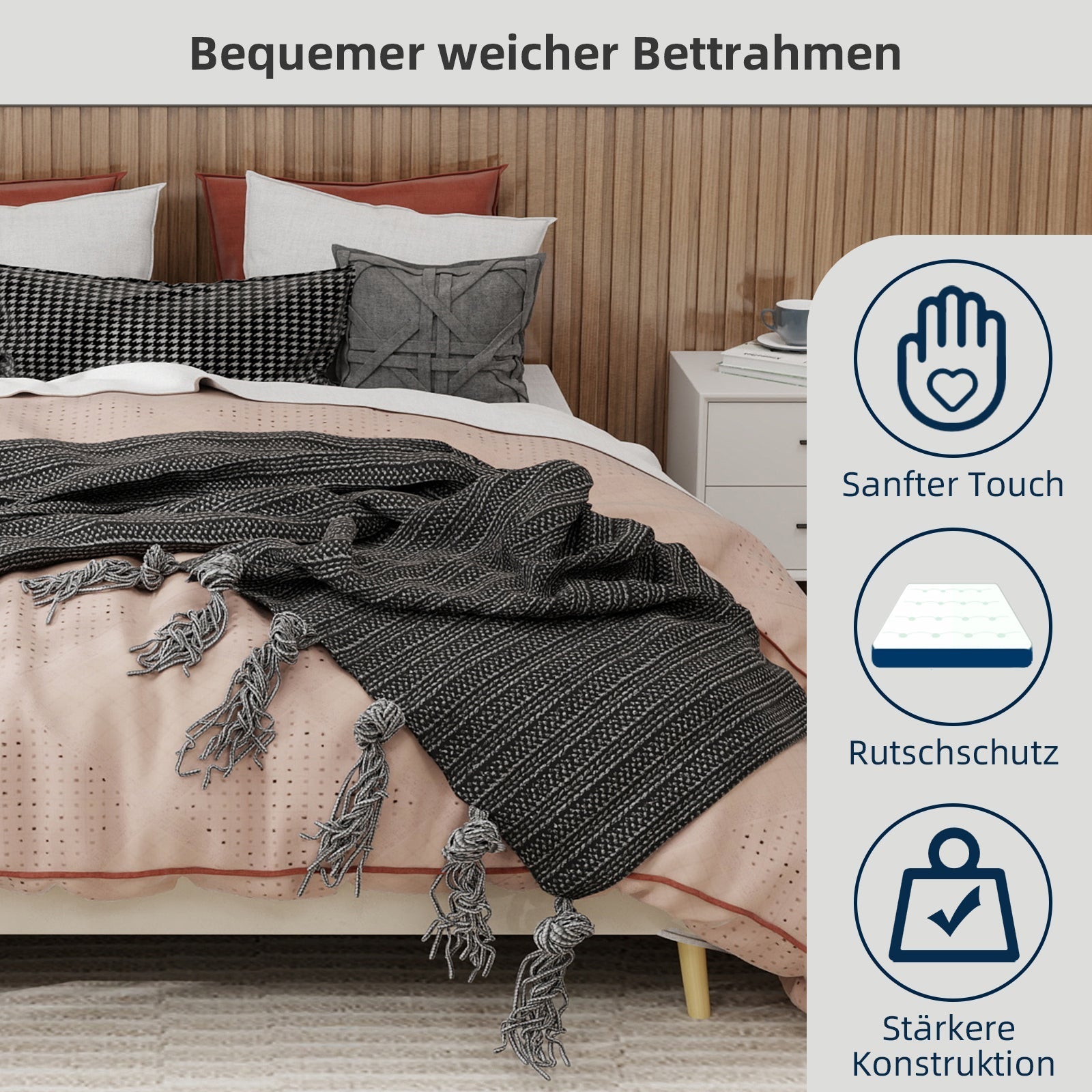 Modern Minimalist Bed Frame 160x200cm Low Box Dutch Velvet Beige