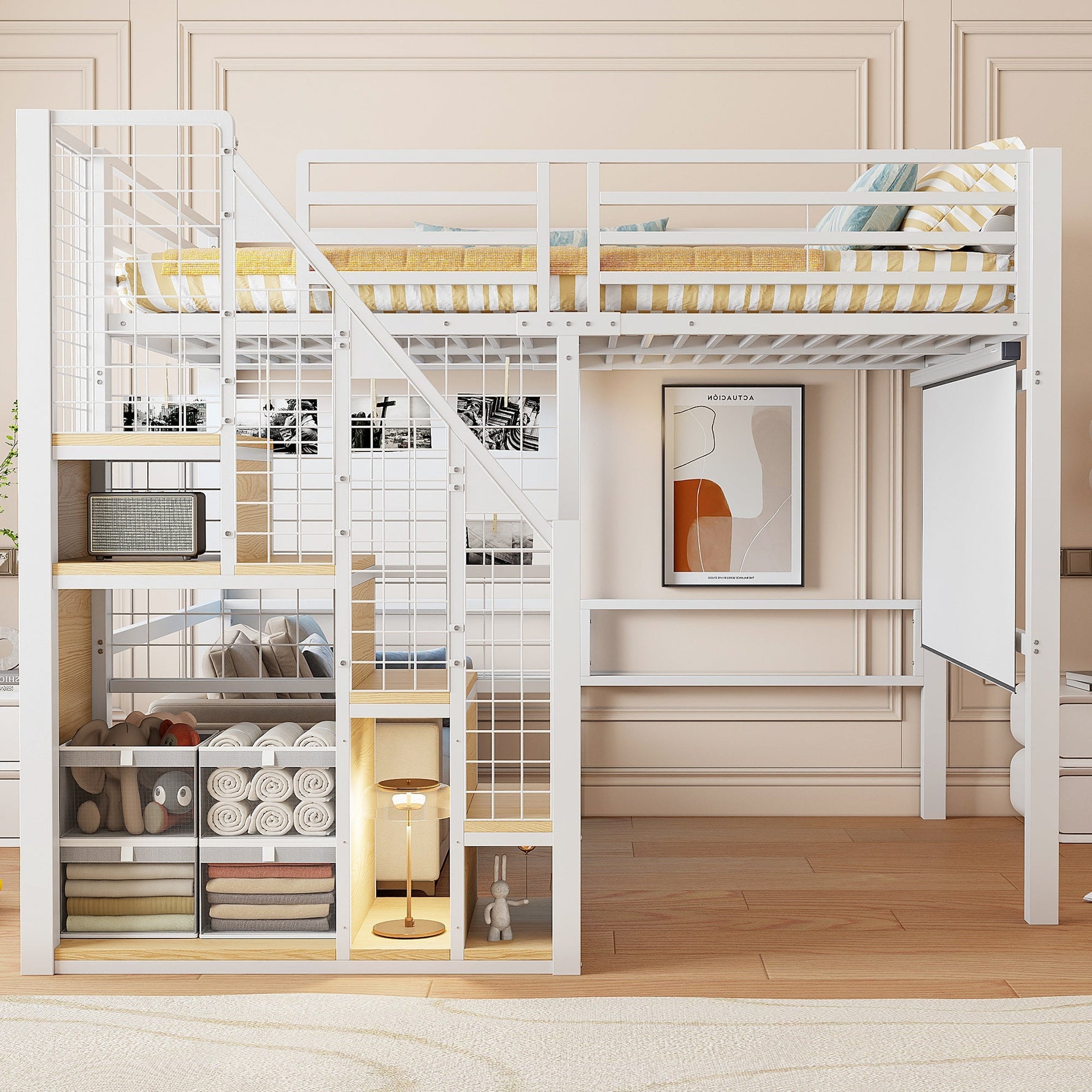 Bunk Bed with Safety Ladder and Storage Area, 140x200cm, White Iron Frame