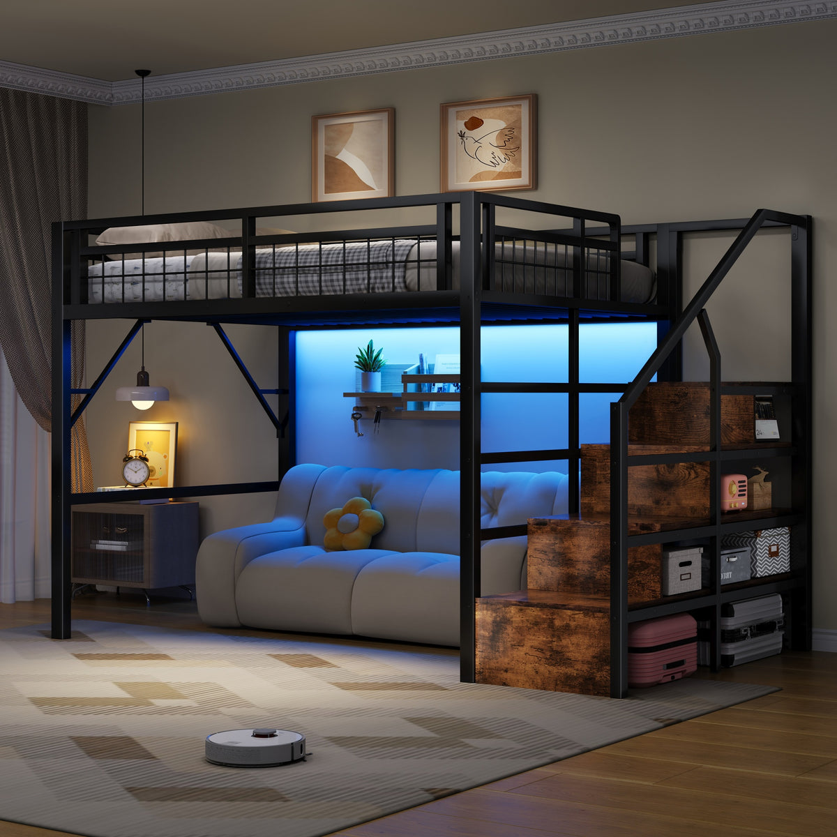 Loft Bed 140x200cm LED Storage Staircase - Black Iron Frame