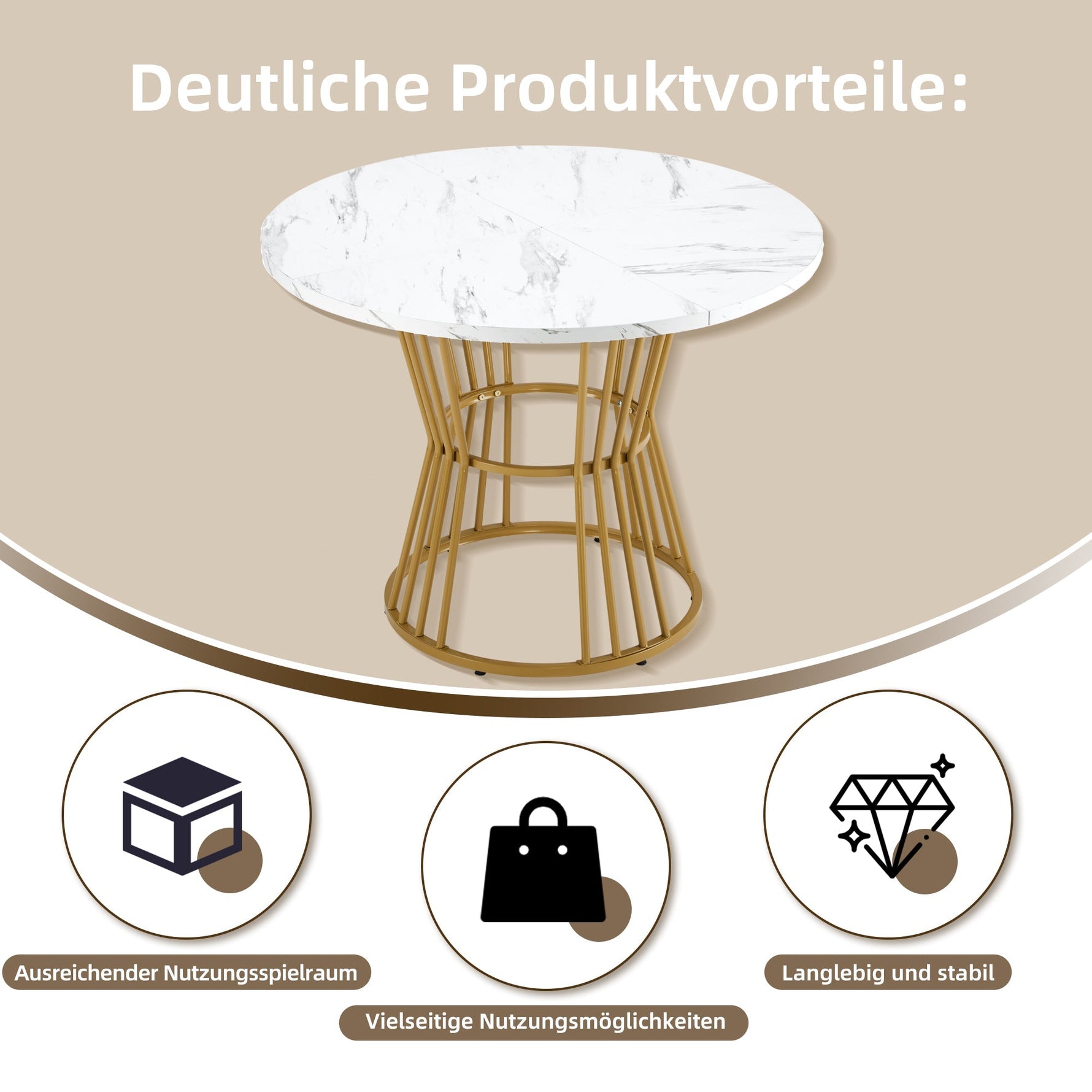 Kitchen Table Modern Marble Sturdy Metal Frame White/Gold