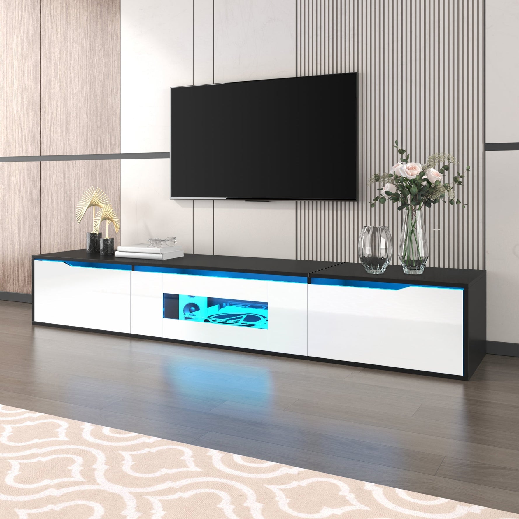 TV Cabinet High-Gloss 180cm Wall-Mounted LED USB - Black/White