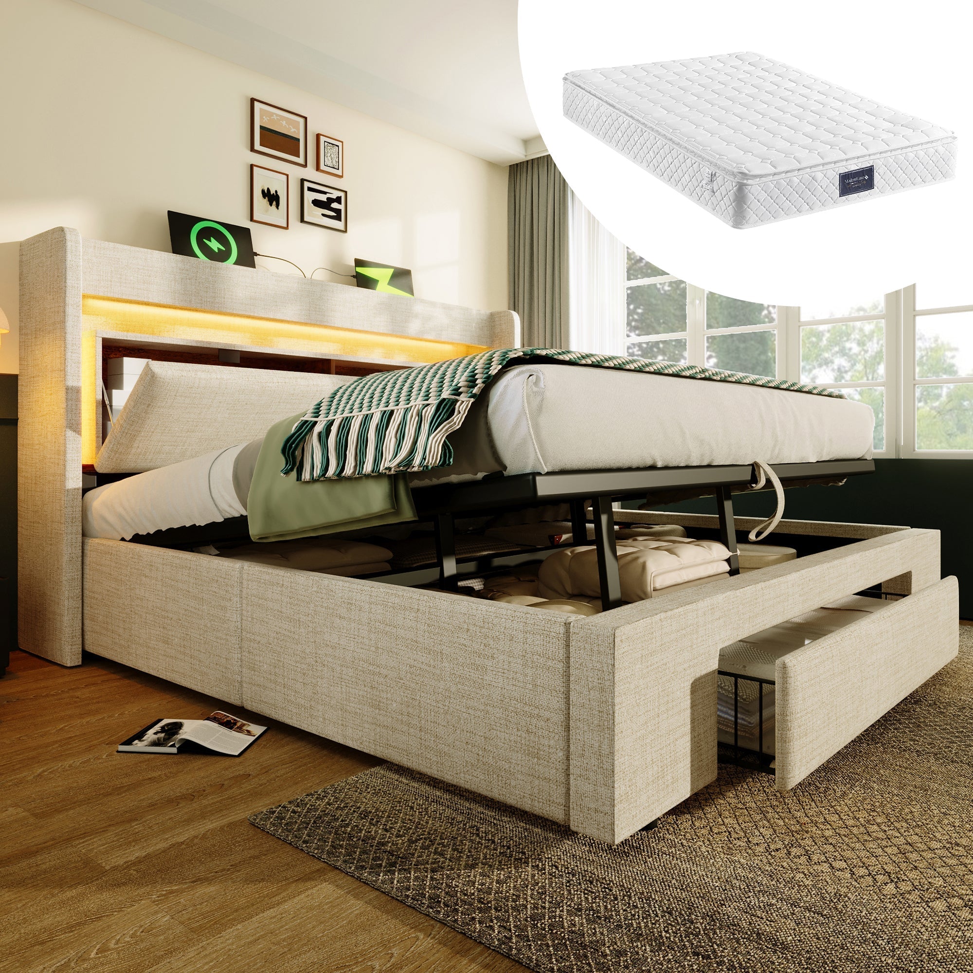 Upholstered Bed 140x200cm Hydraulic Storage Headboard Storage LED USB/USB-C Ports - Beige Linen (With Mattress)