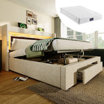 Upholstered Bed 160x200cm Hydraulic Storage Headboard with LED & USB/USB-C - Beige Linen