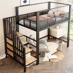Metal Loft Bed 90x200cm with Canopy, Desk & Storage Steps, Black