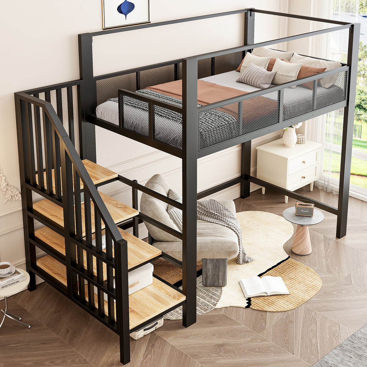 Metal Loft Bed 90x200cm with Canopy, Desk & Storage Steps, Black