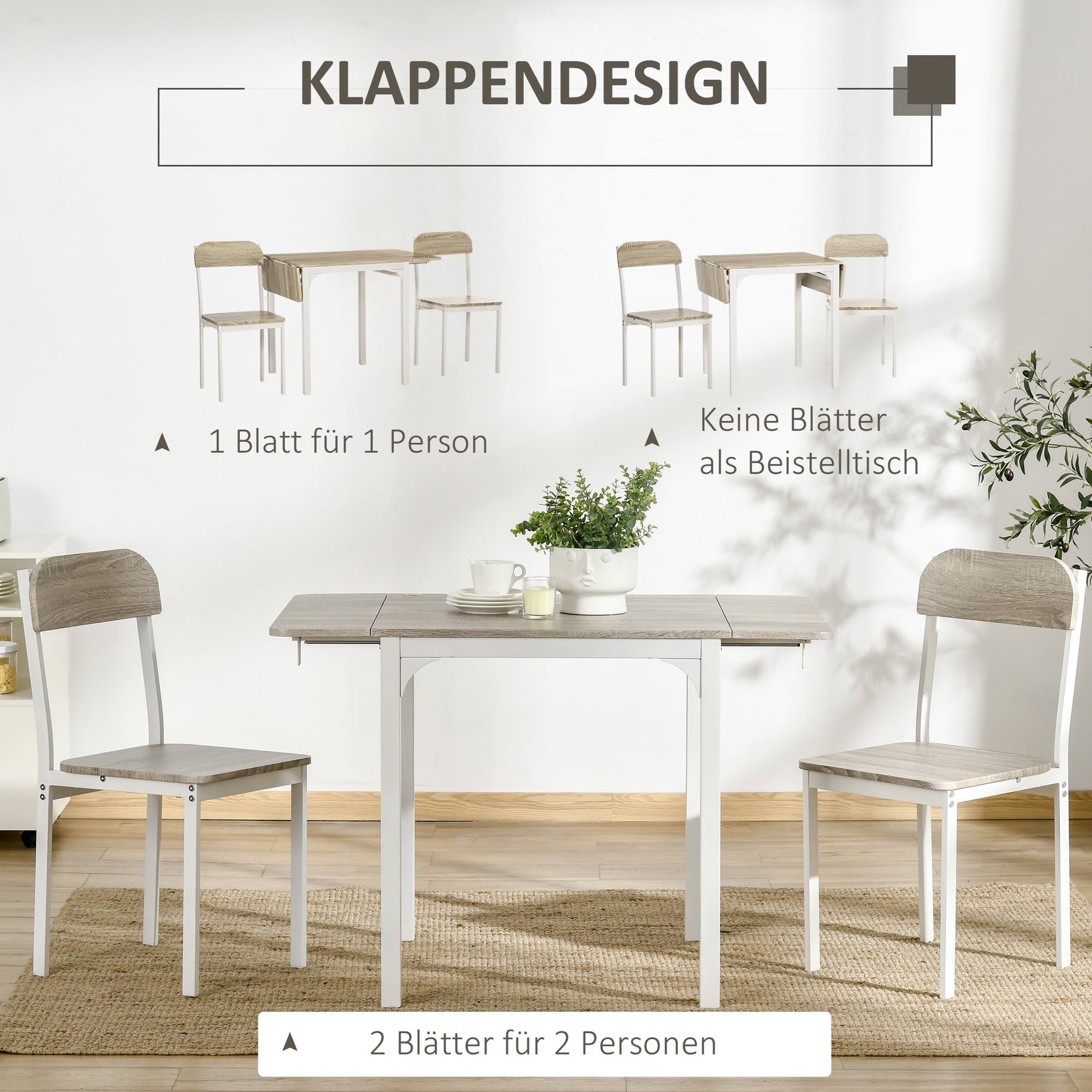 Dining Set, 3-Piece with Folding Table & 2 Chairs, Steel MDF, Natural White