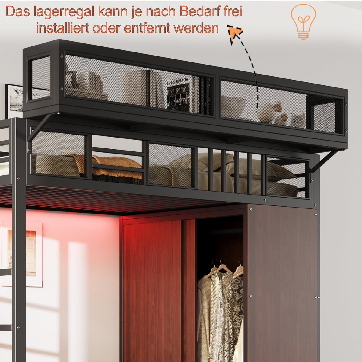 Metal Loft Bed 90 x 200 cm with Wardrobe, Safety Ladder and LED Lighting, Black