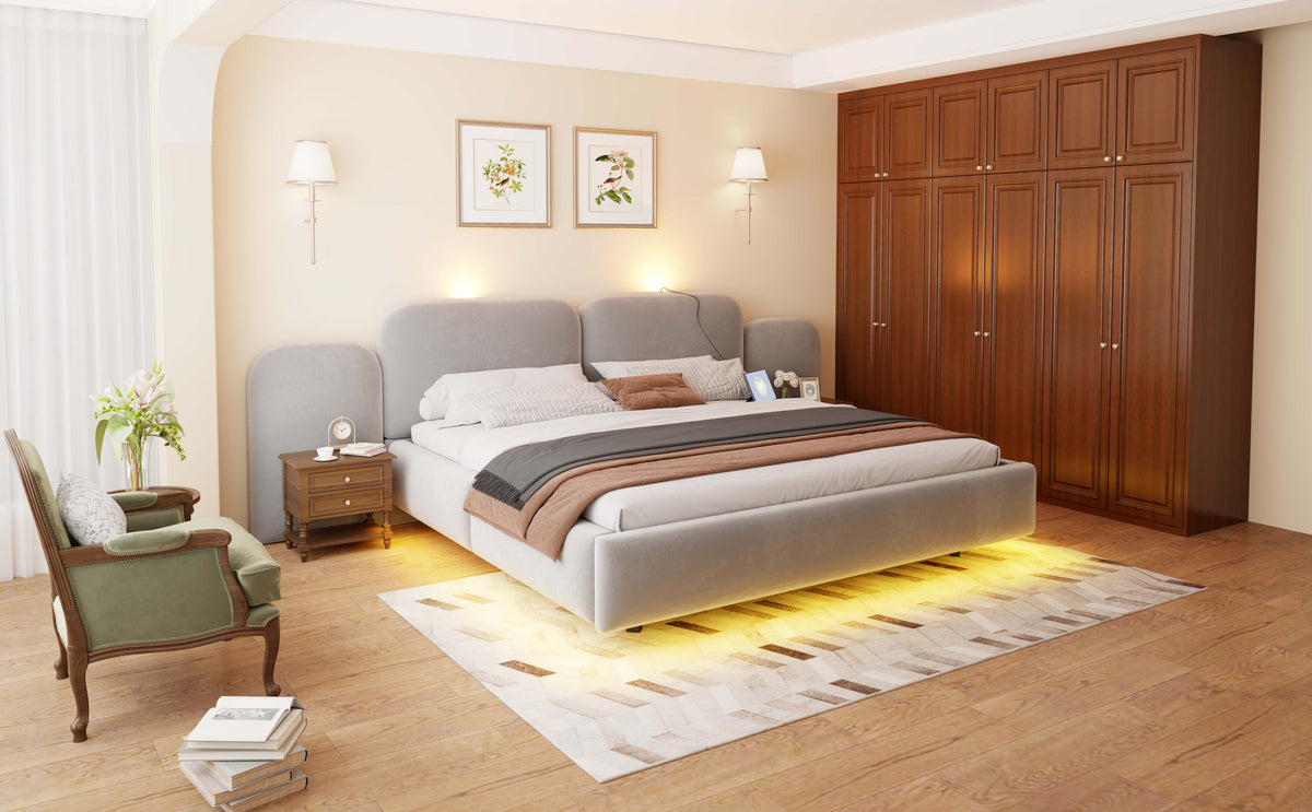 Upholstered Bed 180x200cm with Storage & LED, Grey Velvet