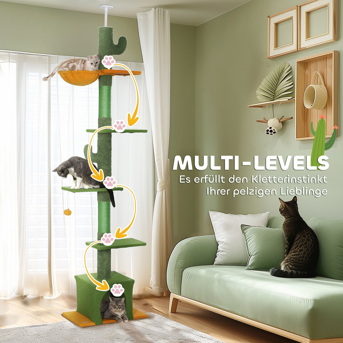 Cat Tree, Ceiling-High with Cave & Scratching Posts, Green