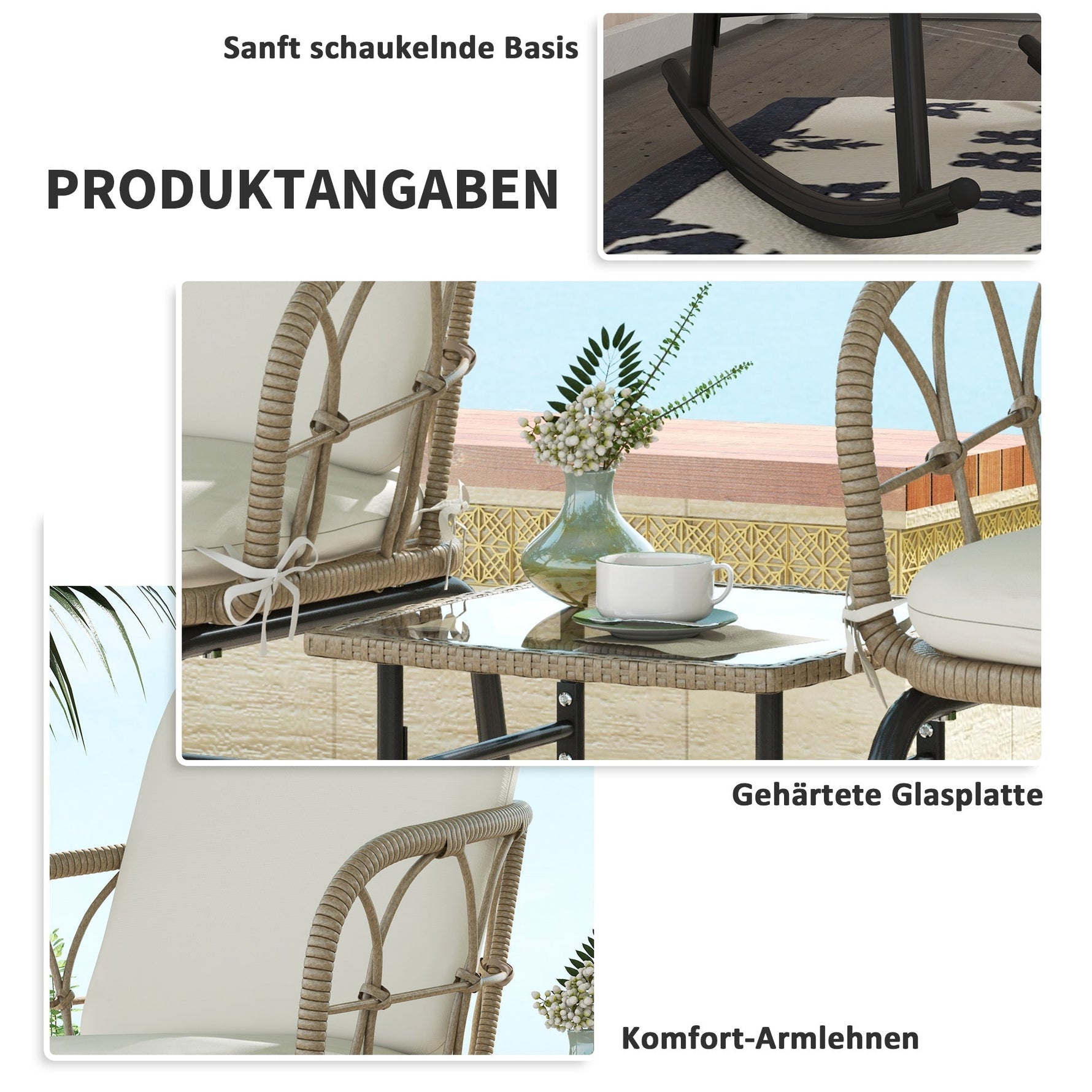 Rattan Rocking Chair Set, 3-Piece with Coffee Table & Cushions for Patio/Balcony