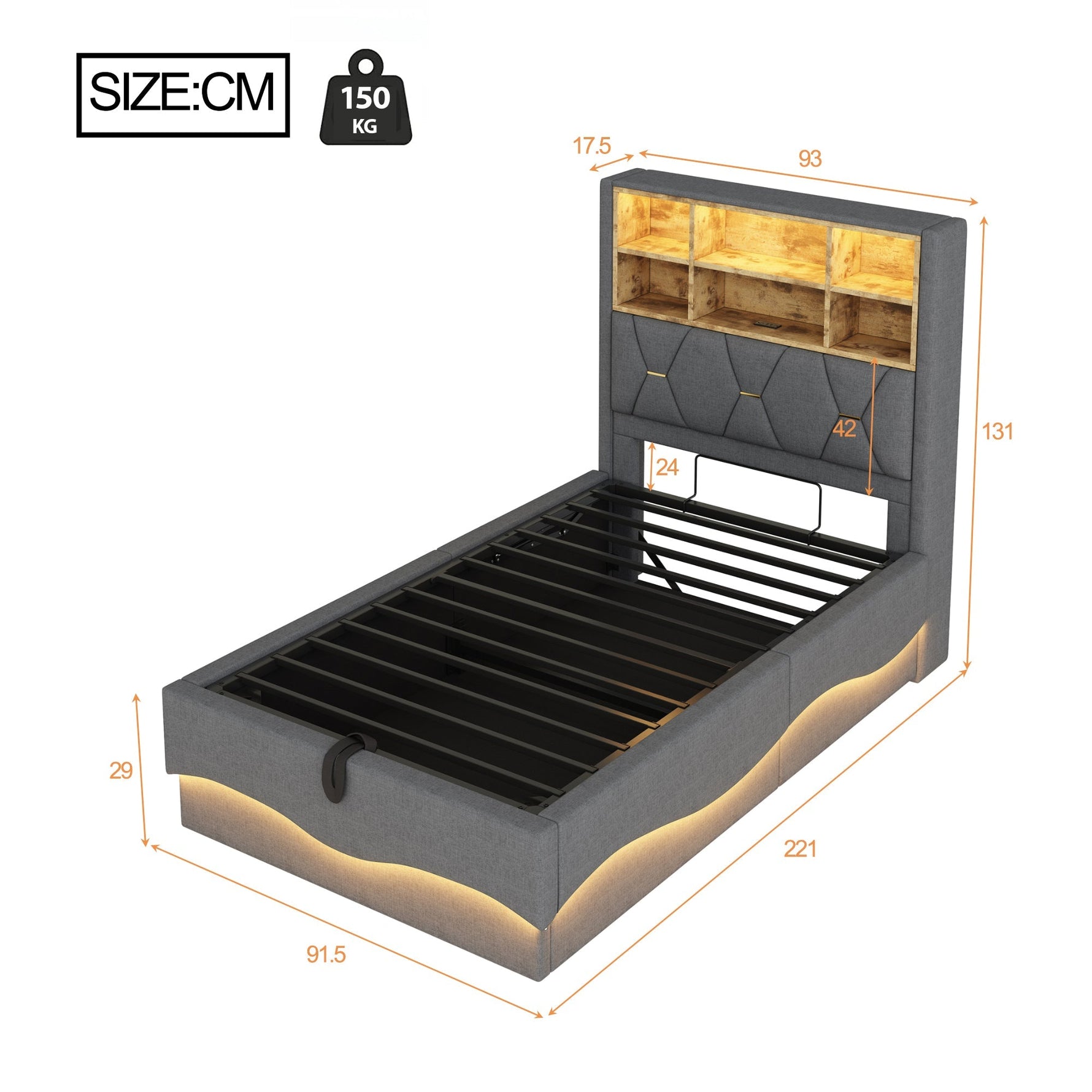 Children's Bed Hydraulic Storage LED USB Metal Frame, Grey Linen