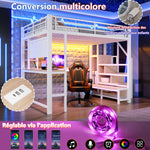 Loft Bed 140x200cm with Desk, Shelves & LED Lighting, White