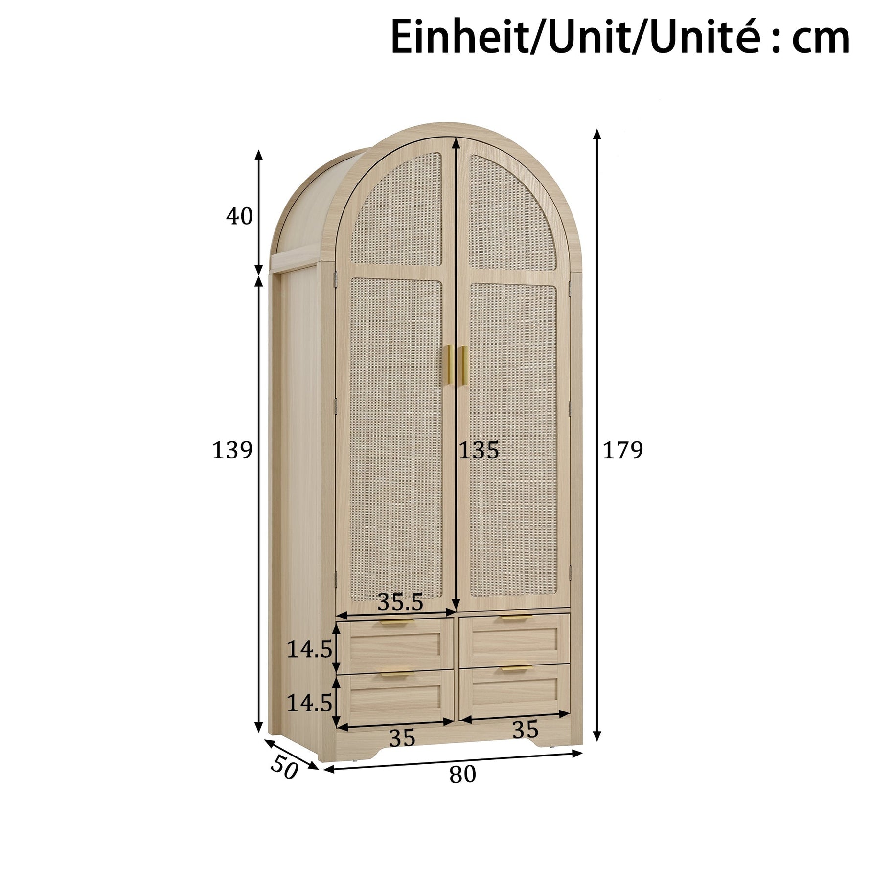 Modern Wardrobe with Curved Doors, Clothes Rail and Drawers, Oak MDF