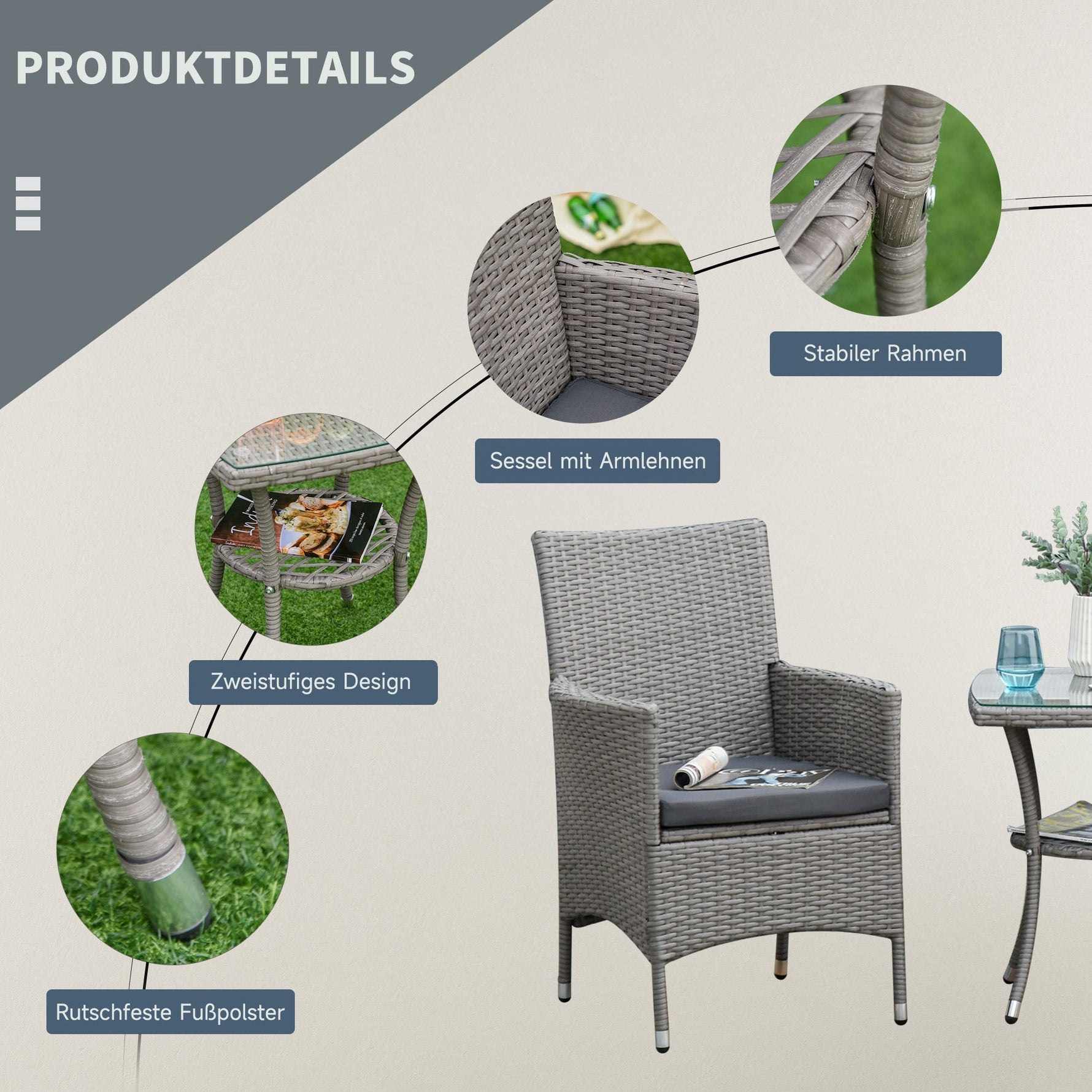 Rattan Garden Furniture Set, 3-Piece Bistro with Side Table, Black/Brown
