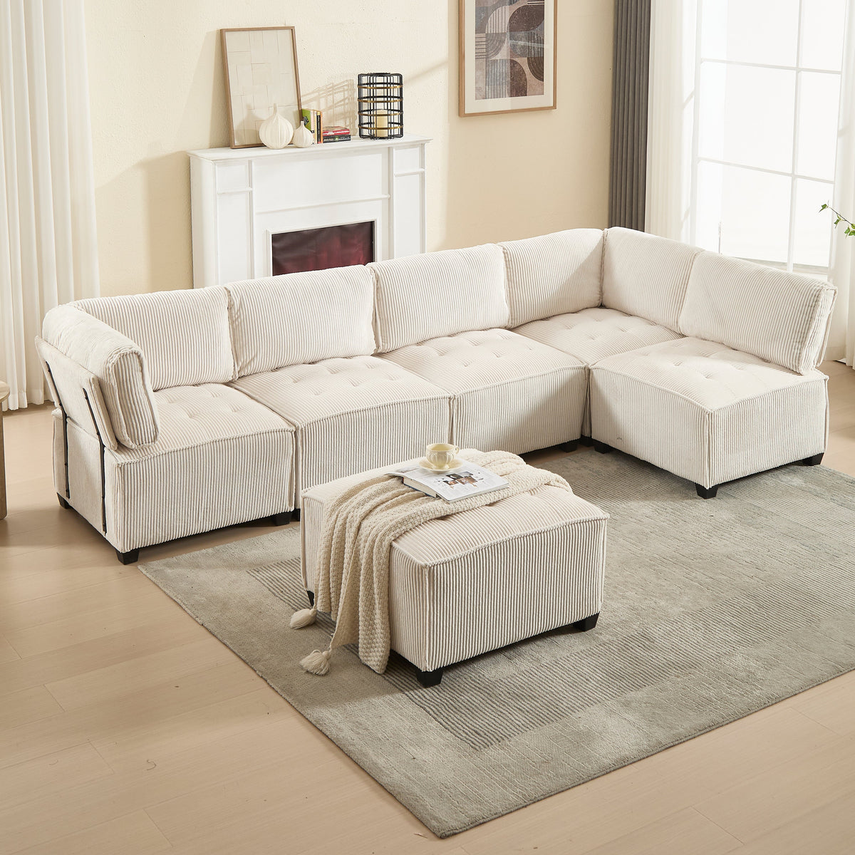 Modular 6-Seater Sofa 308cm Ergonomic Storage Pockets Corduroy, Beige