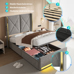 Storage Bed 90x200cm with LED, USB & Hydraulic Storage, Velour