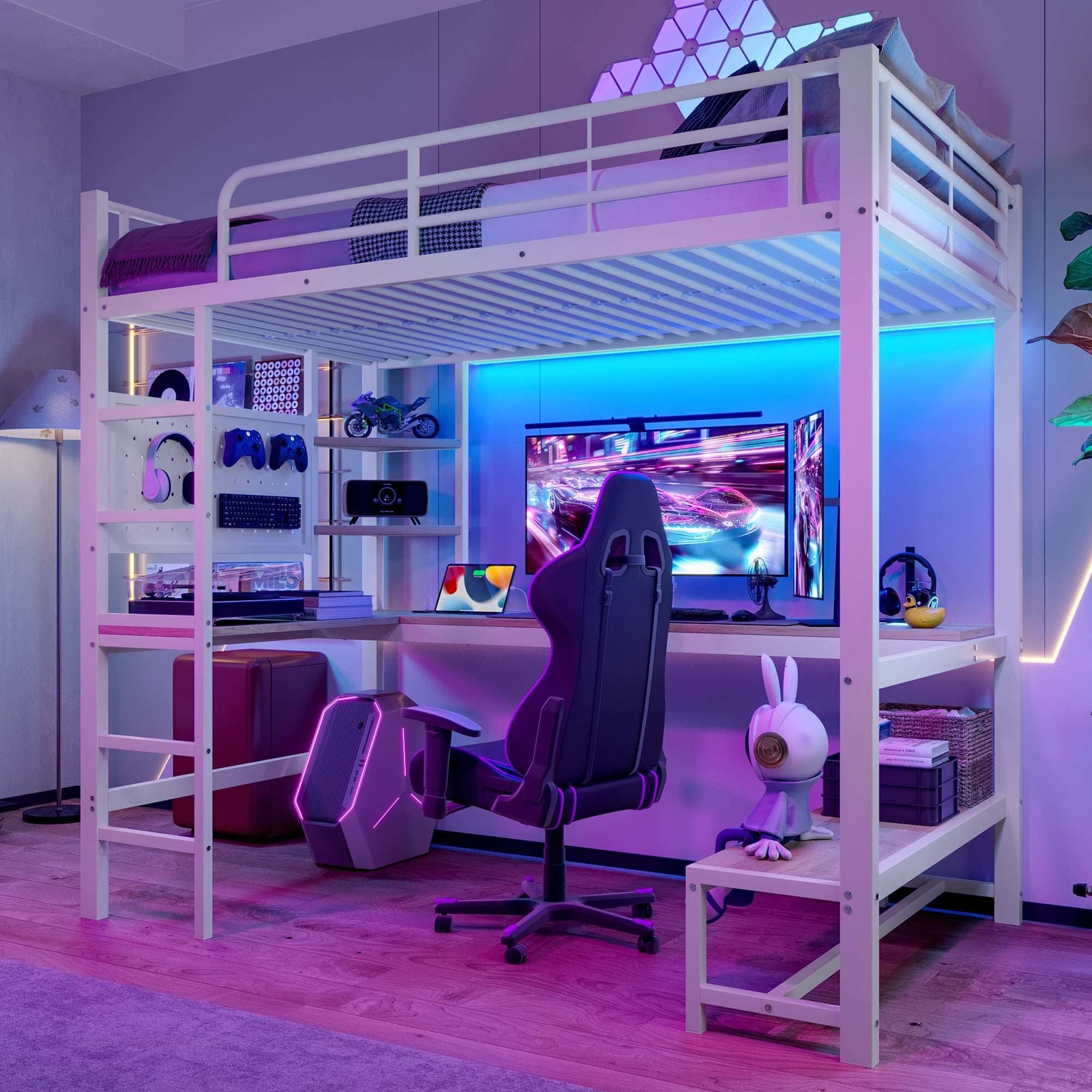 Loft Bed with Desk, USB Sockets, LED Strip and Pegboard, White Metal Frame