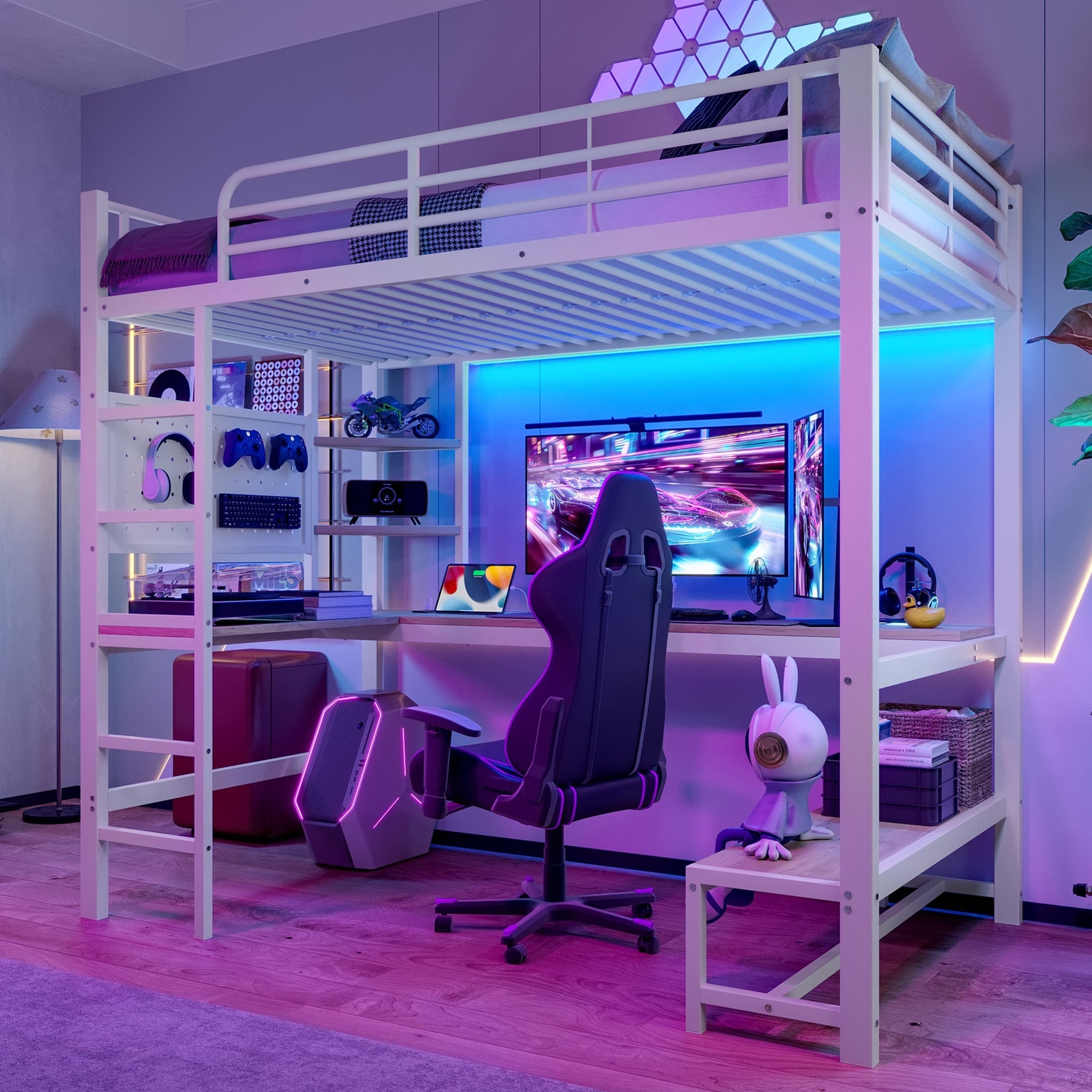 Loft Bed with Desk, USB Sockets, LED Strip and Pegboard, White Metal Frame