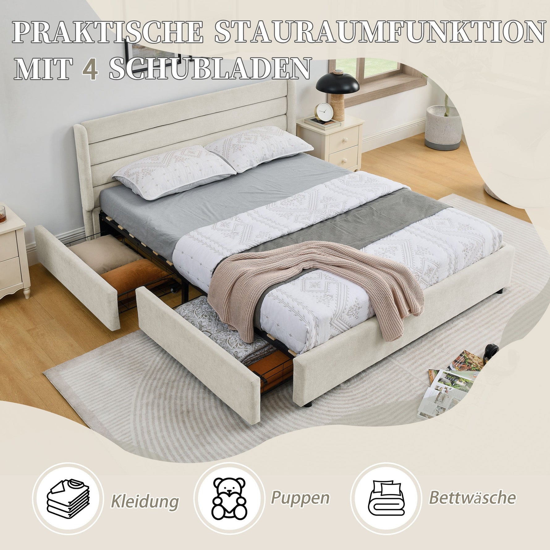 Double Bed 160*200 cm with 4 Storage Drawers, Chenille Beige
