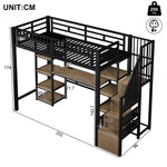 Loft Bed with Desk, LED Lights, USB Port and Storage Ladder, Black Iron Frame