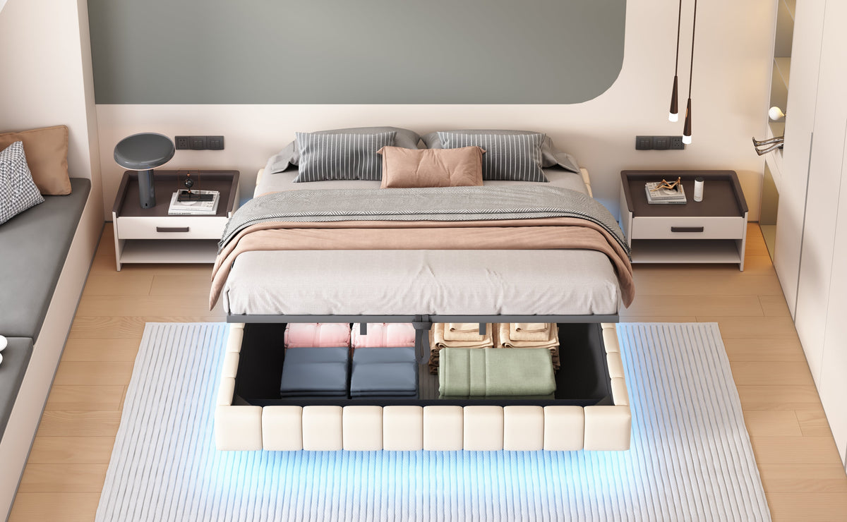 Upholstered Bed 180x200cm Hydraulic Storage LED Light, Linen Beige