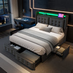 Upholstered Double Bed 180x200cm with LED & 4 Drawers, Grey