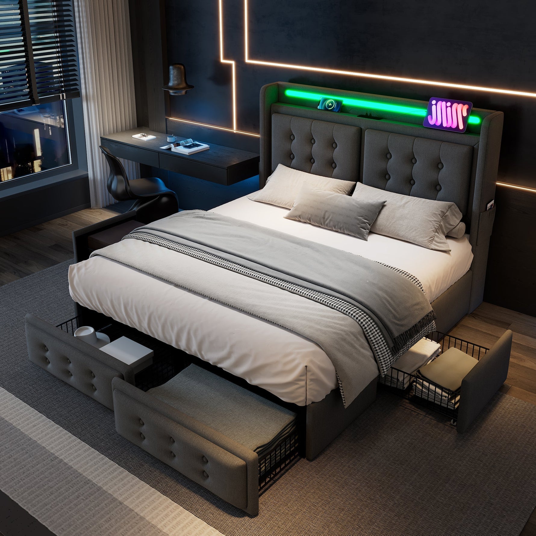 Upholstered Bed 140x200, LED Headboard with USB-C, 4 Storage Drawers, Gray Cotton