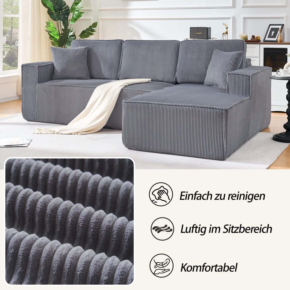 Modular L-Shaped Sofa with Chaise Longue and High-Density Foam, Gray Corduroy