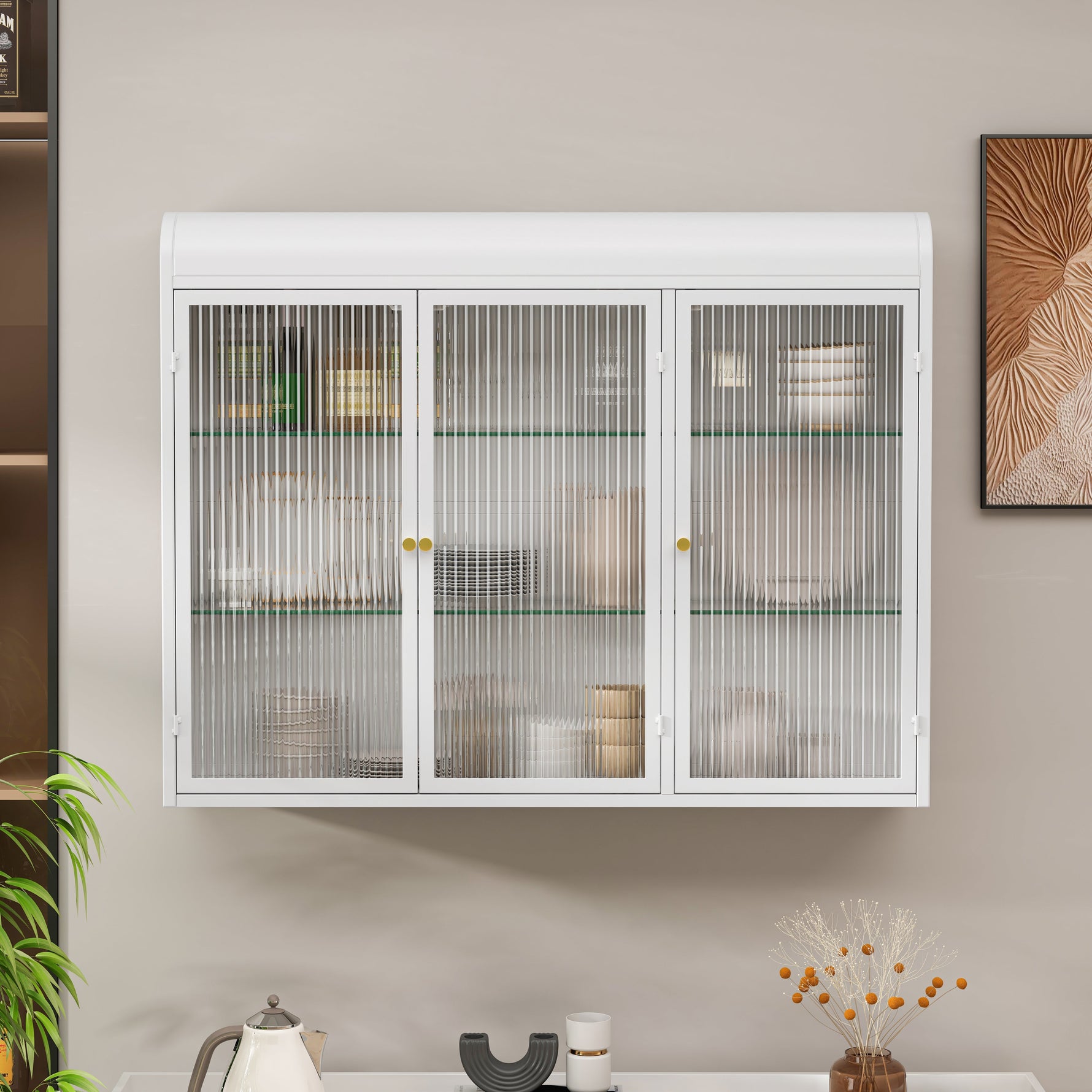 3 Door Arched Wall Mounted Cabinets for Kitchen, Living Room, Bathroom, White Glass