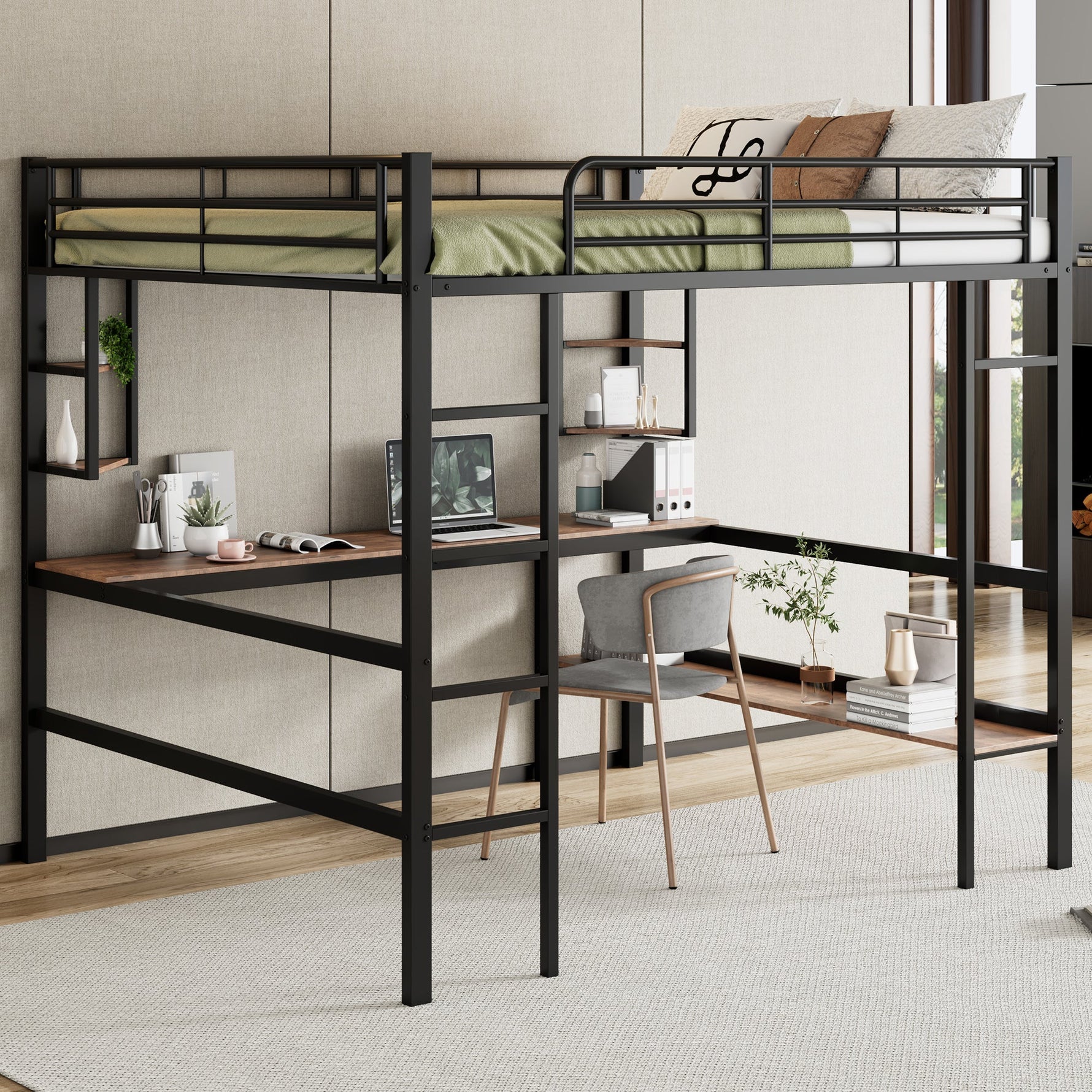 Loft Bed 140x200cm Metal Frame with Desk Shelves & Bookcase - Black
