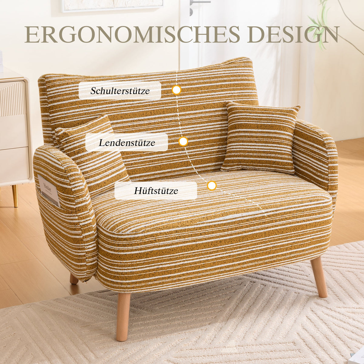 Modern Two-Seater Sofa with Armrest Cushions and Storage Bag, Loop Fabric