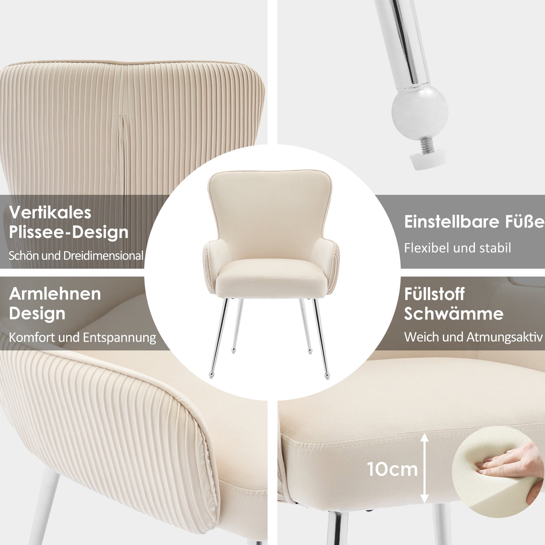 Velvet Dining Chair Set of 2 Armrests Lumbar Support Adjustable Silver Legs - Beige