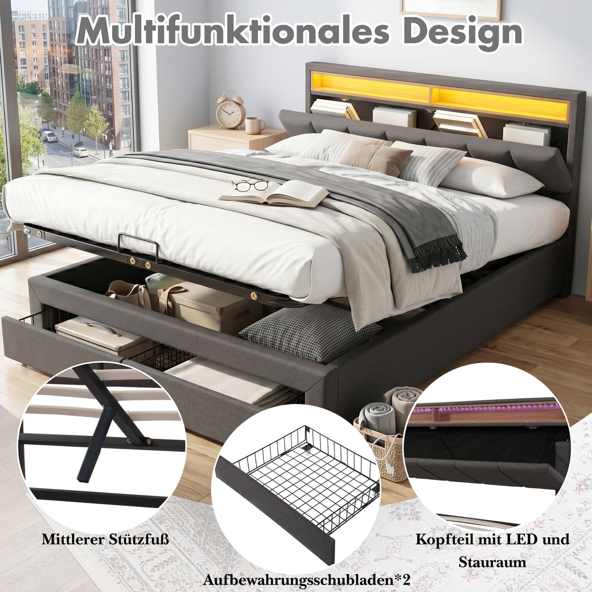 Upholstered Bed 180x200cm with Hydraulic Storage & LED, Grey Linen