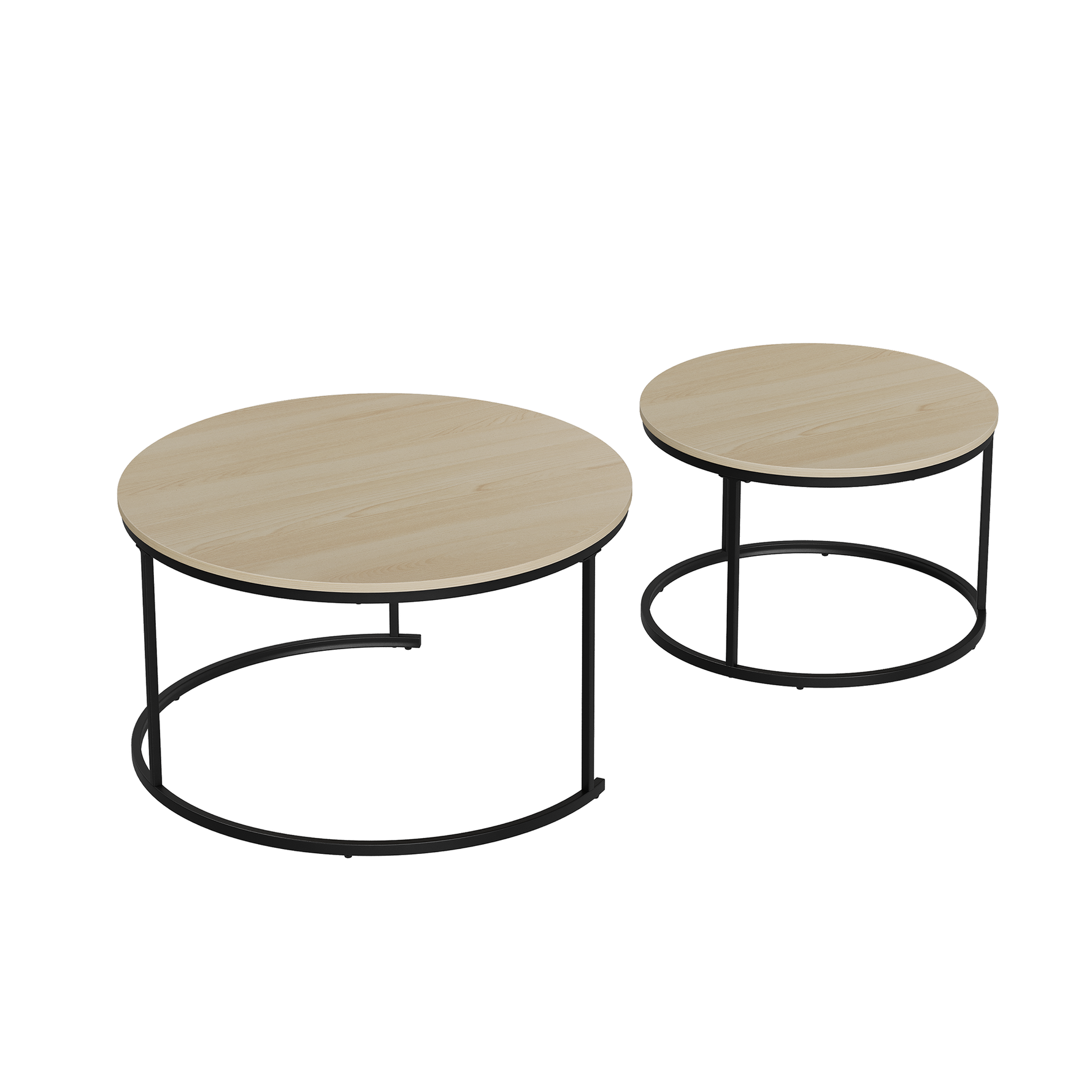 Nesting Coffee Table Set, Two-piece Round 80cm Modern Design, Oak Veneer and Metal Frame