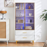 Glass Display Cabinet, 2-Door LED Lighted Tall Storage with Movable Shelves, Golden Legs