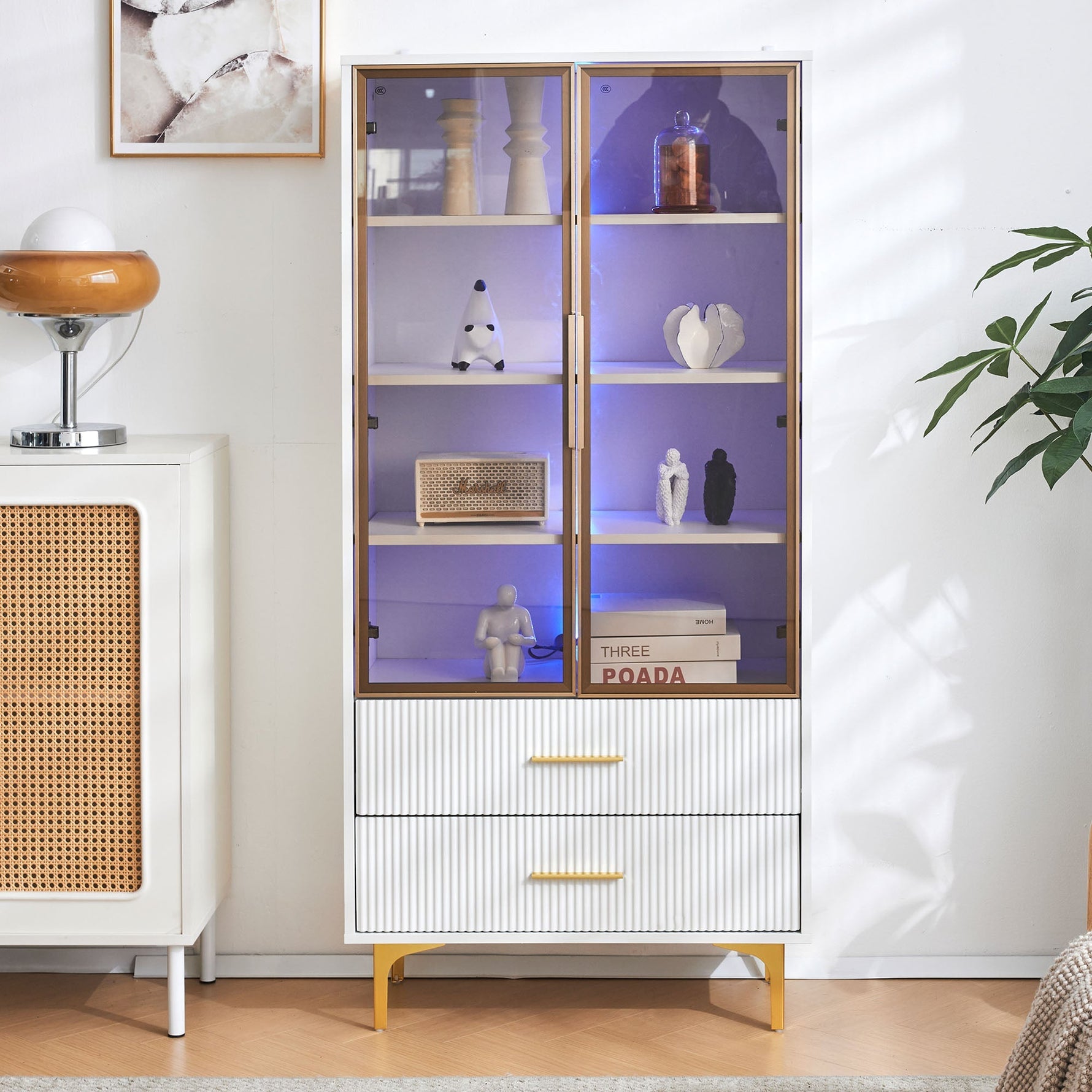 Glass Display Cabinet, 2-Door LED Lighted Tall Storage with Movable Shelves, Golden Legs