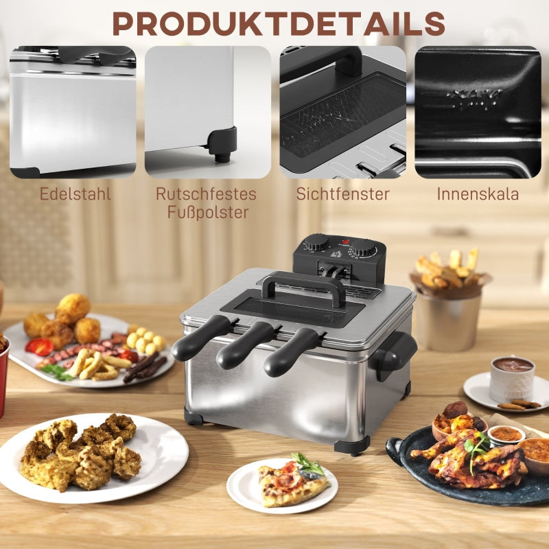 Deep Fryer, 5L, Adjustable Temp & Timer, Stainless Steel Silver