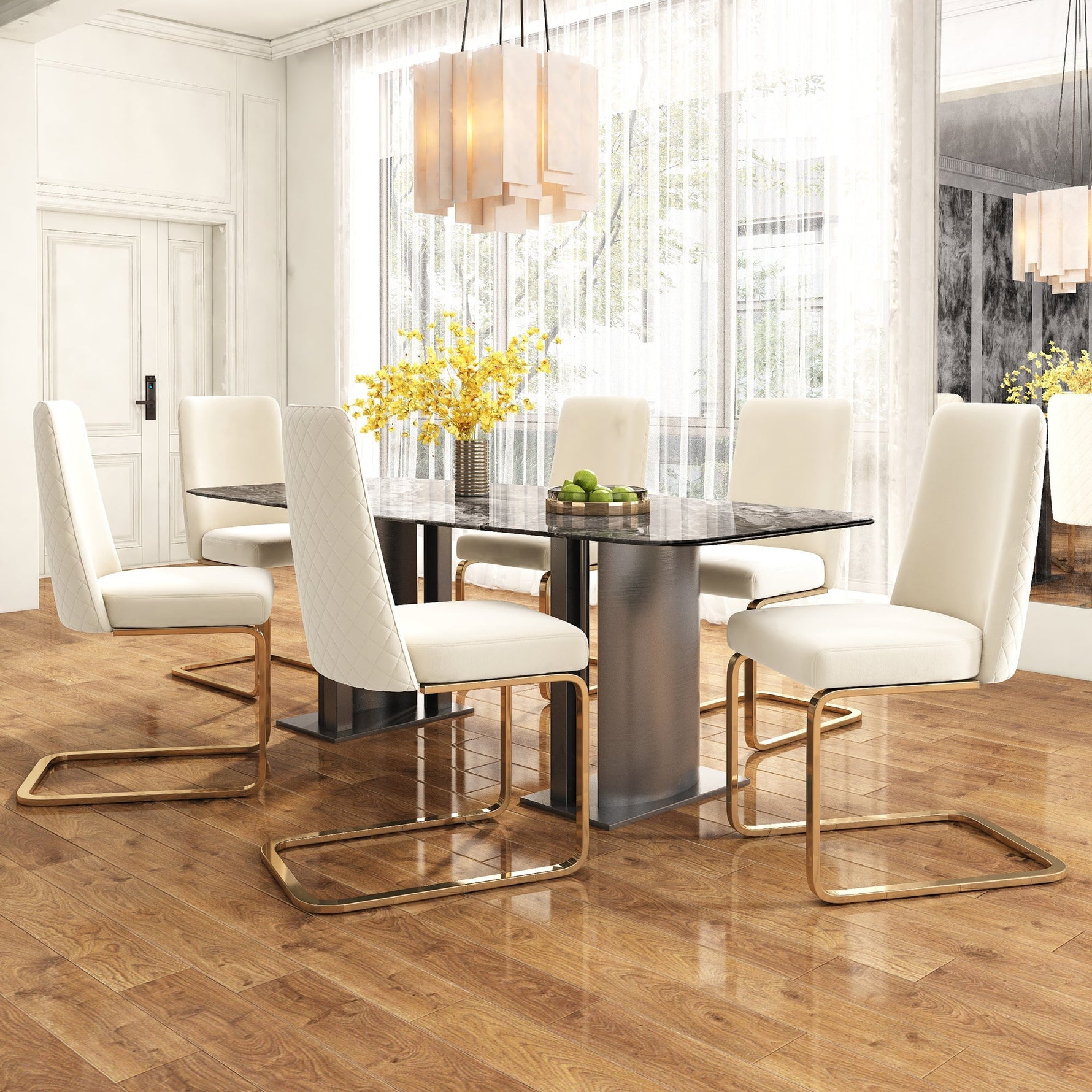 Velvet Dining Chair Set of 2 Diamond Back Gold Legs - Beige