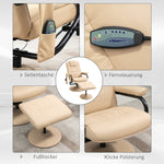 Reclining Massage TV Chair & Footstool, Faux Leather, Cream White