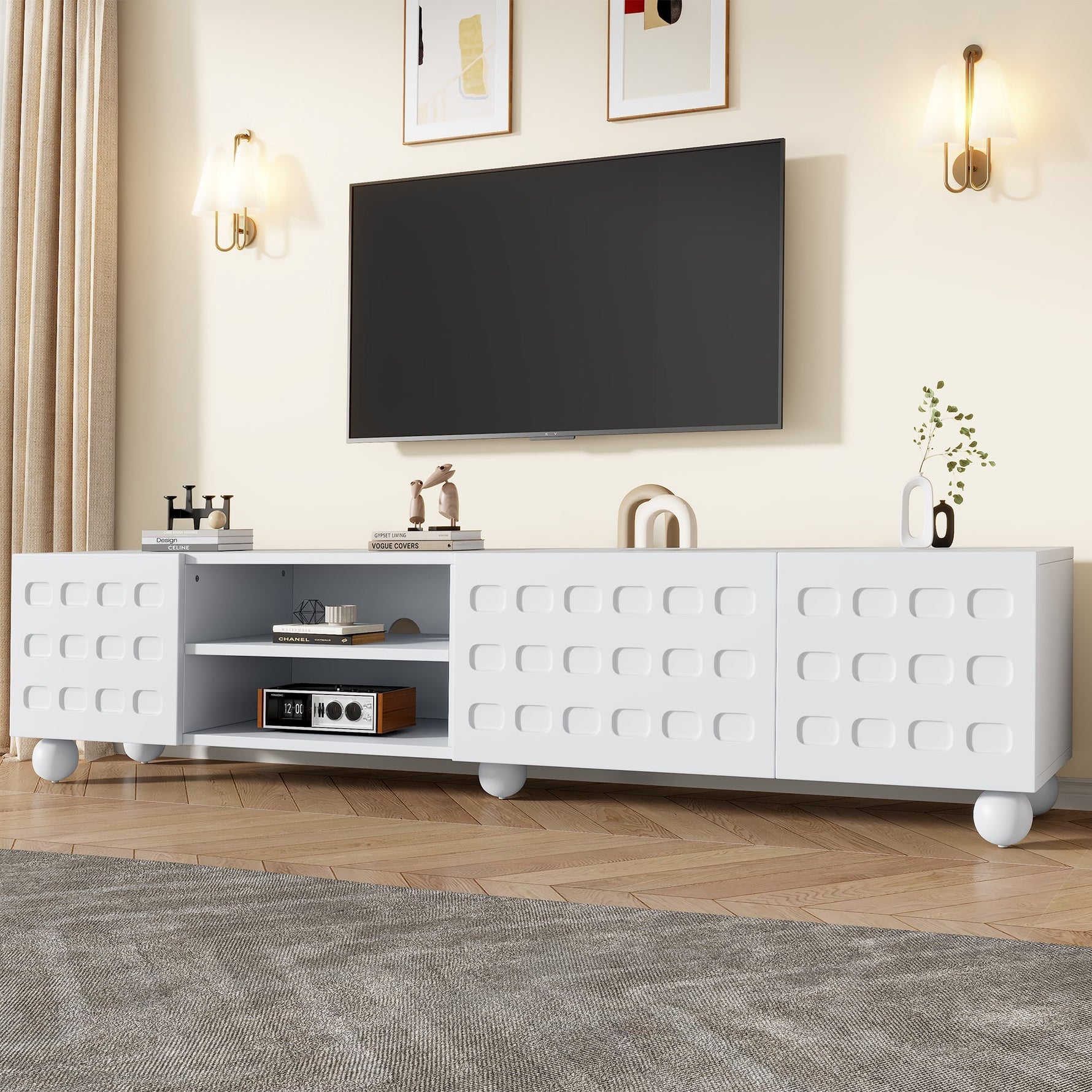 TV Cabinet Lowboard 200cm 3-Door Printed Design - White