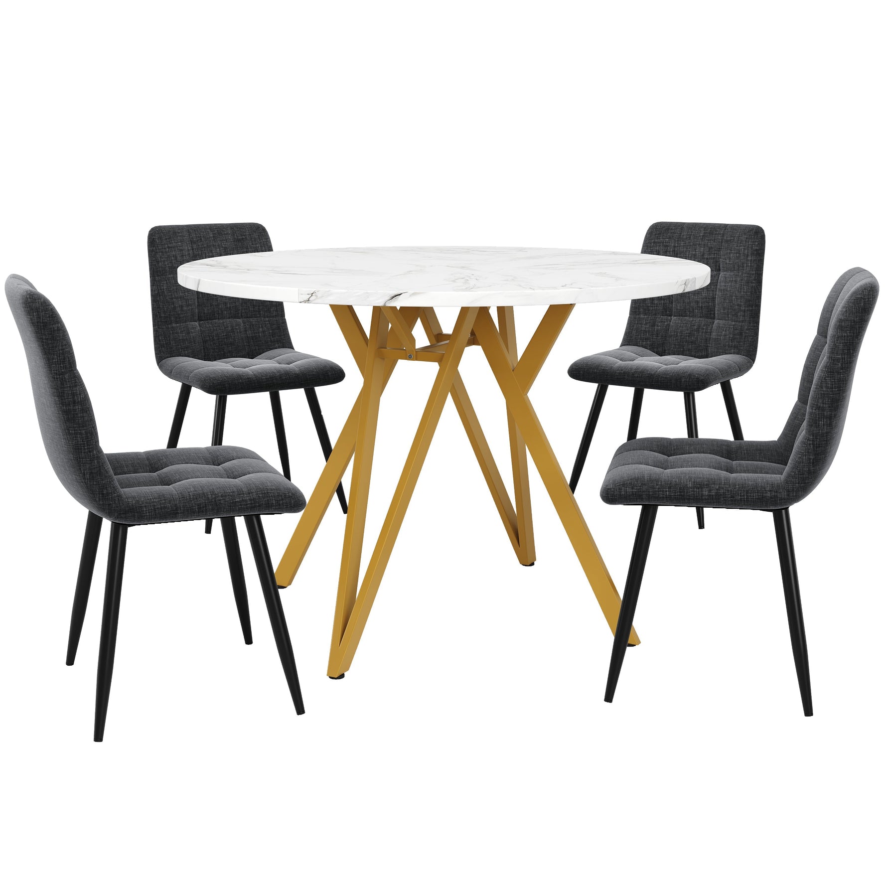 Dining Table Set 5-Piece Round 100cm Gold Metal Legs MDF Marble/Grey