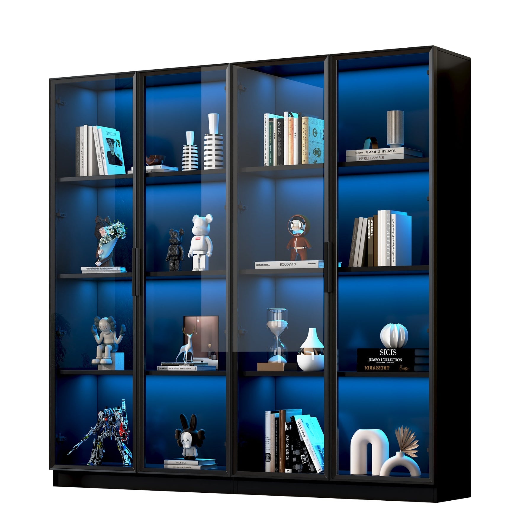 Glass Display Case, App-Controlled LED Lighting 4-Door Storage Cabinet, Freestanding