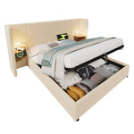 Upholstered Bed, 160x200, Storage, Lamp, USB-C, Beige-White Corduroy