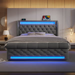 Modern Upholstered Bed 160x200cm with LED & Storage, Grey Velvet