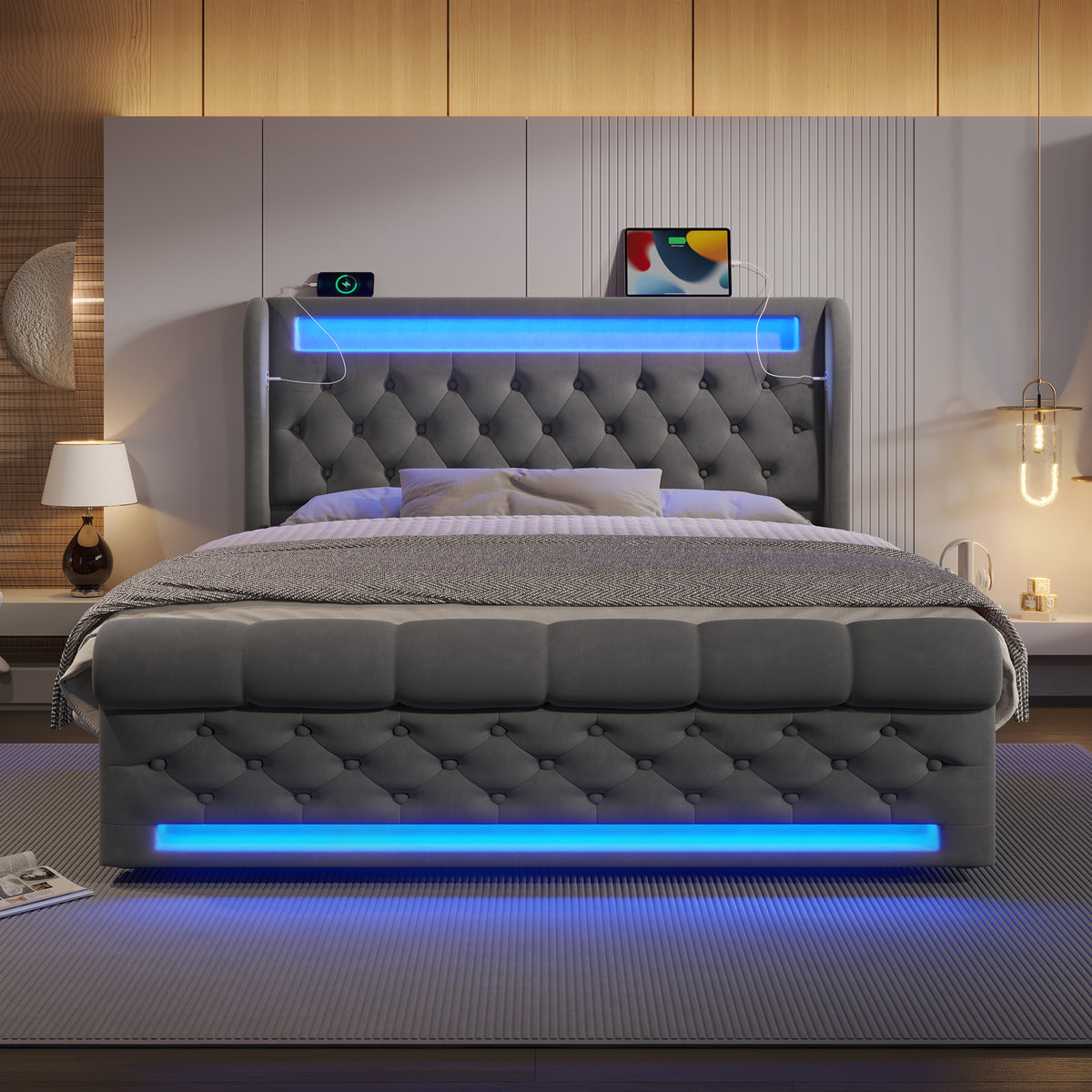 Modern Upholstered Bed 160x200cm with LED & Storage, Grey Velvet
