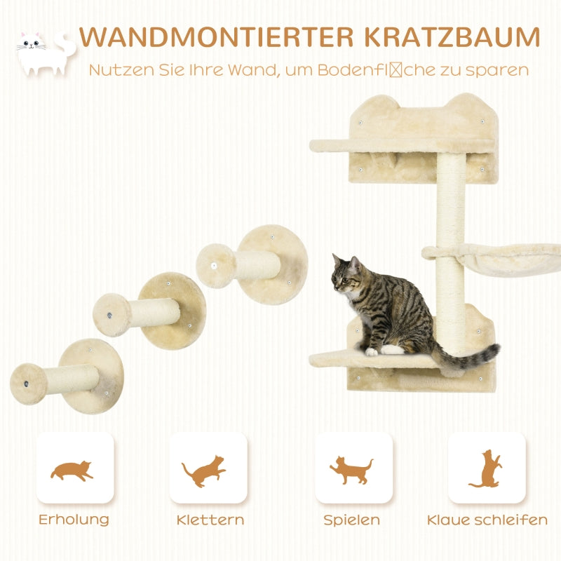 Cat Climbing Steps Set, 4-Piece Wall Stairs with Scratching Post & Hammock, Beige/Cream-White