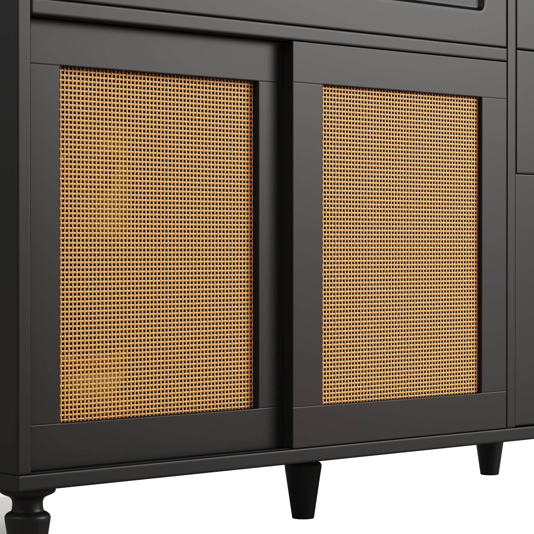 Tall Cabinet Buffet Display LED Rattan 3 Drawers - Black